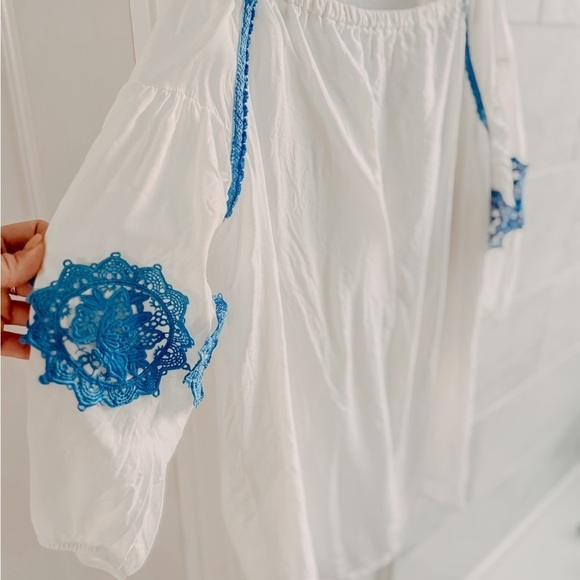 Line + Dot Boho White Beach Cover-Up Blue Embroidery Tassel Tie XS - Picture 12 of 15
